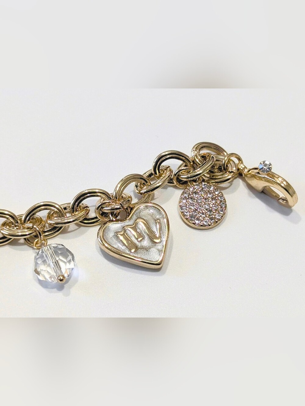 Y2K Vintage Swarovski Crystal MOM Heart Charm Bracelet Champagne Gold | NOS - Picture 3 of 8